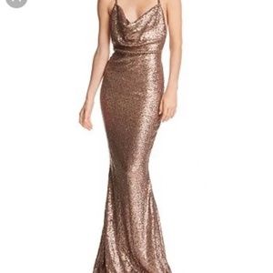 NOOKIE BROWN SEQUINED COWL-NECK GOWN FORMAL DRESS M